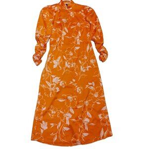 Y.A.S Floral Jaquard Printed Button Up Midi Dress Sz EUS UK 8 Orange Long Sleeve